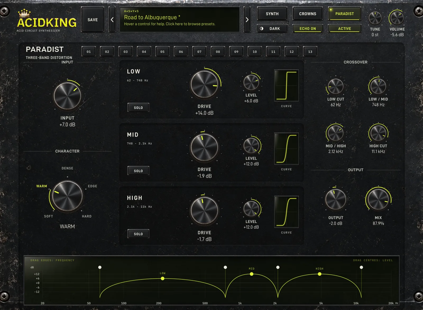 PARADIST page: three-band distortion with crossover display and band controls