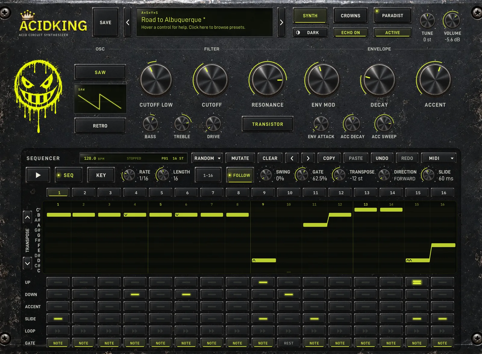 ACIDKING plugin, SYNTH page in the dark theme: filter and envelope knobs above the step sequencer